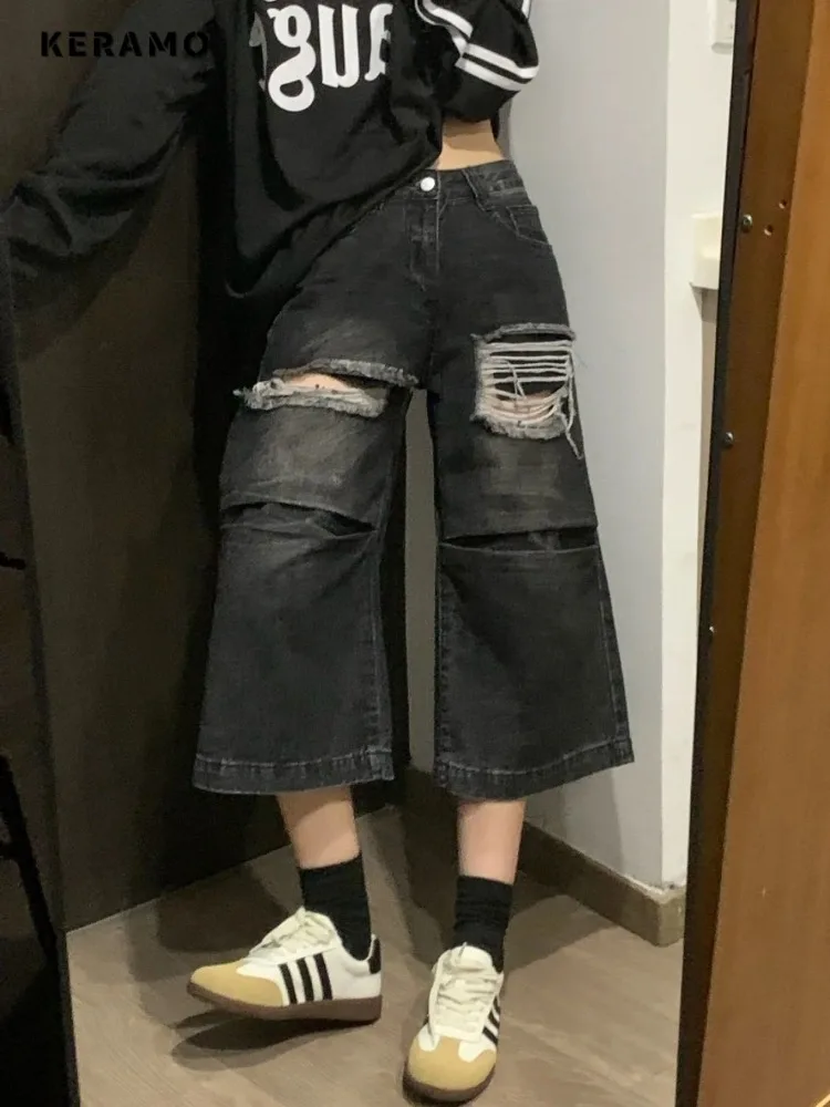 2024 Summer Vintage Harajuku Y2K Loose Jeans Baggy Hollow Out Tasssels Pants Women's Wide Leg Trashy Style Ripped Denim Trouser