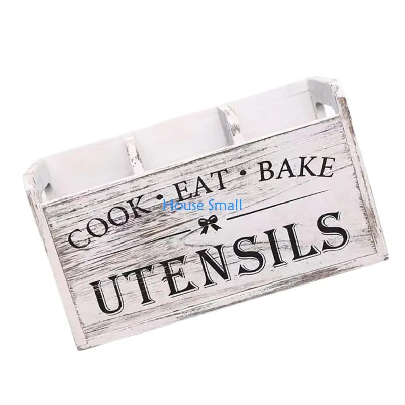 

Wooden Kitchen Utensil With 3 Compartments Countertop Storage Box 203F