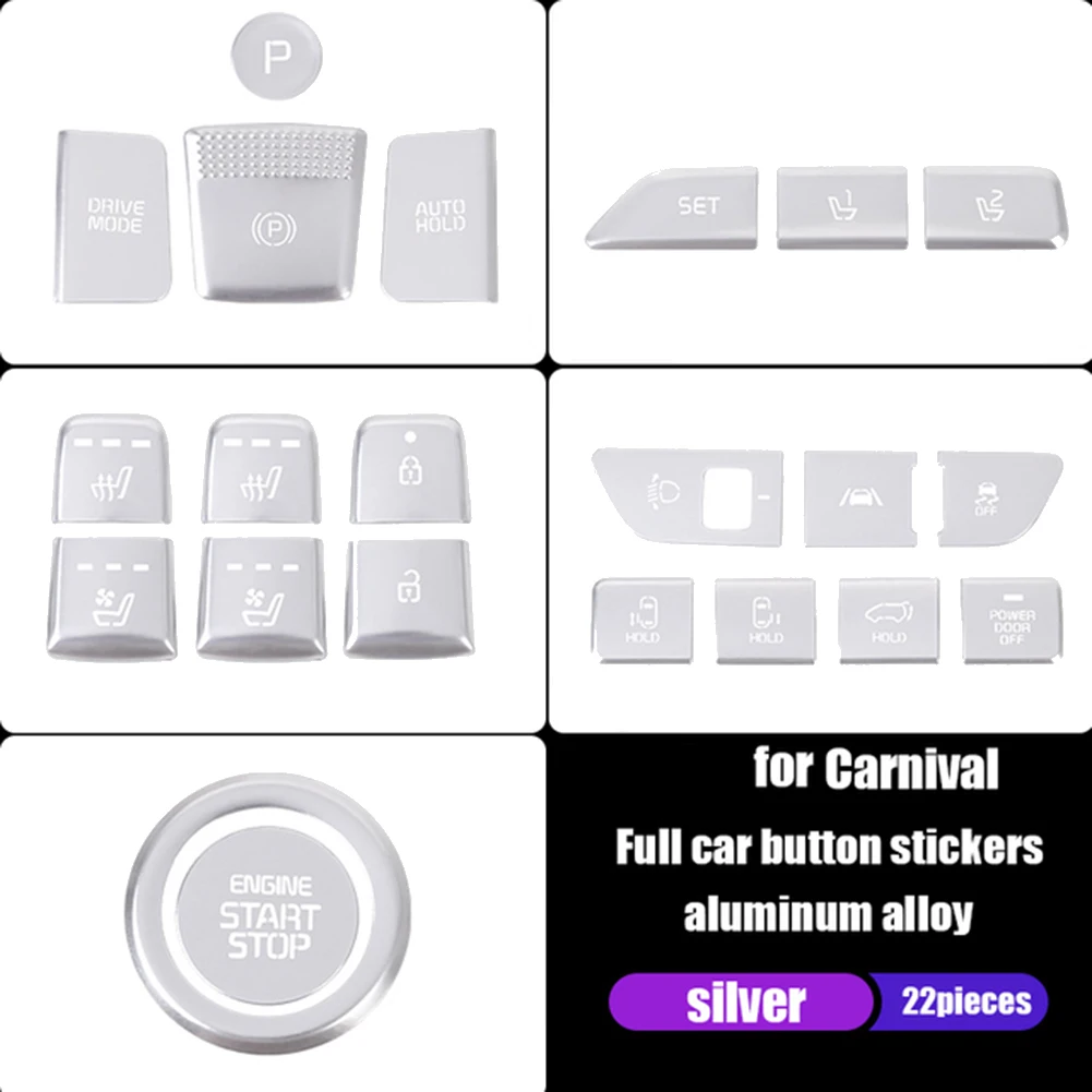 22Pcs Car Central Control Start Gear Seat Button Sticker Cover Trim for KIA Carnival 4 KA4 2020 2021 2022 Silver