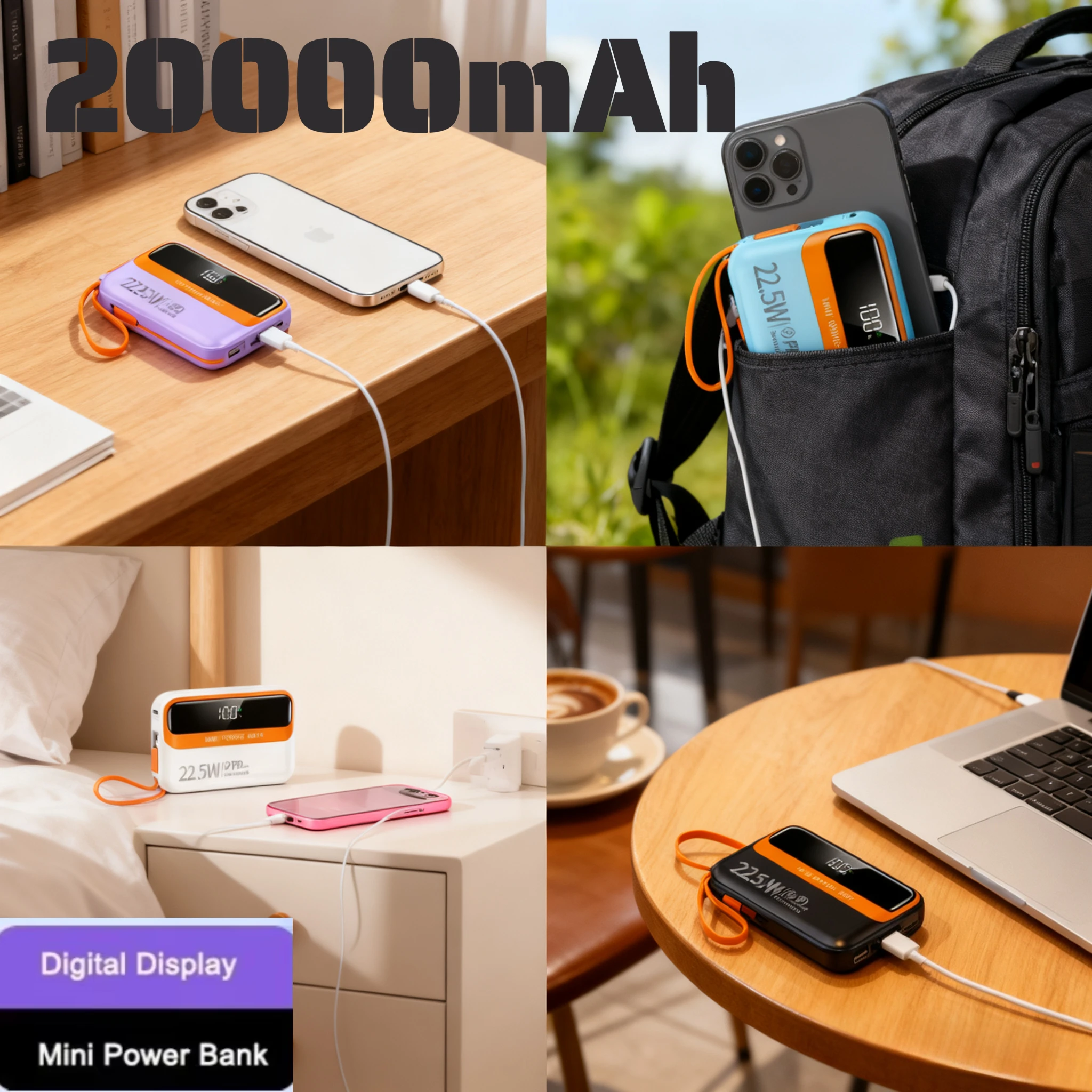 

Портативное зарядное устройство Power Bank 20000 мАч PD22.5W, быстрая зарядка для IPhone, Samsung, Xiaomi, Huawei, внешний аккумулятор со встроенным кабелем