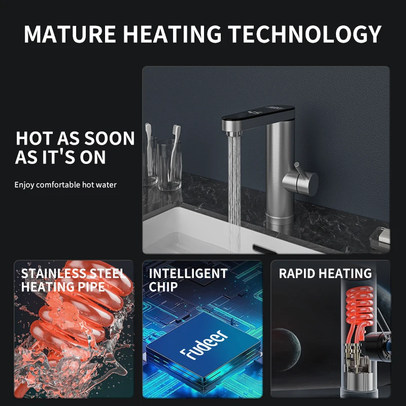 Fudeer 3400W 220V Electric Kitchen Water Heater Tap Instant Hot Stainless Steel Water Faucet Heater Cold Heating Faucet