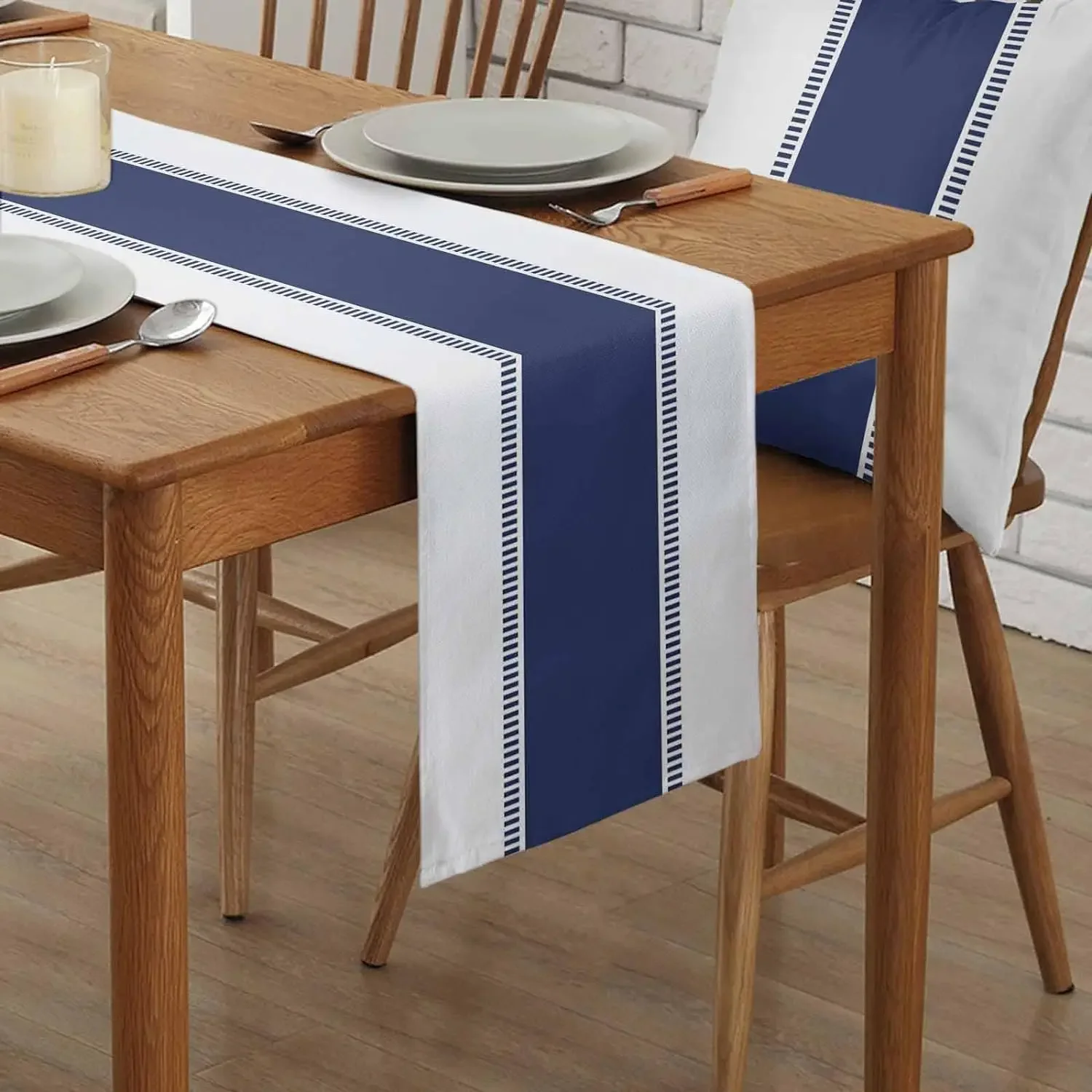 Navy Blue Stripes Linen Table Runner Dresser Scarves Decor Farmhouse Kitchen Dining Table Runner Holiday Party Decorations