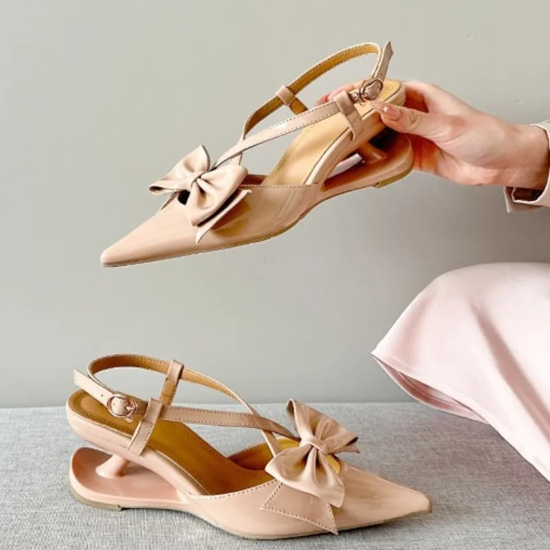 

Летние новые туфли-мюли с острым носком, на высоком каблуке, из лакированной кожи, с бантом, без застежки