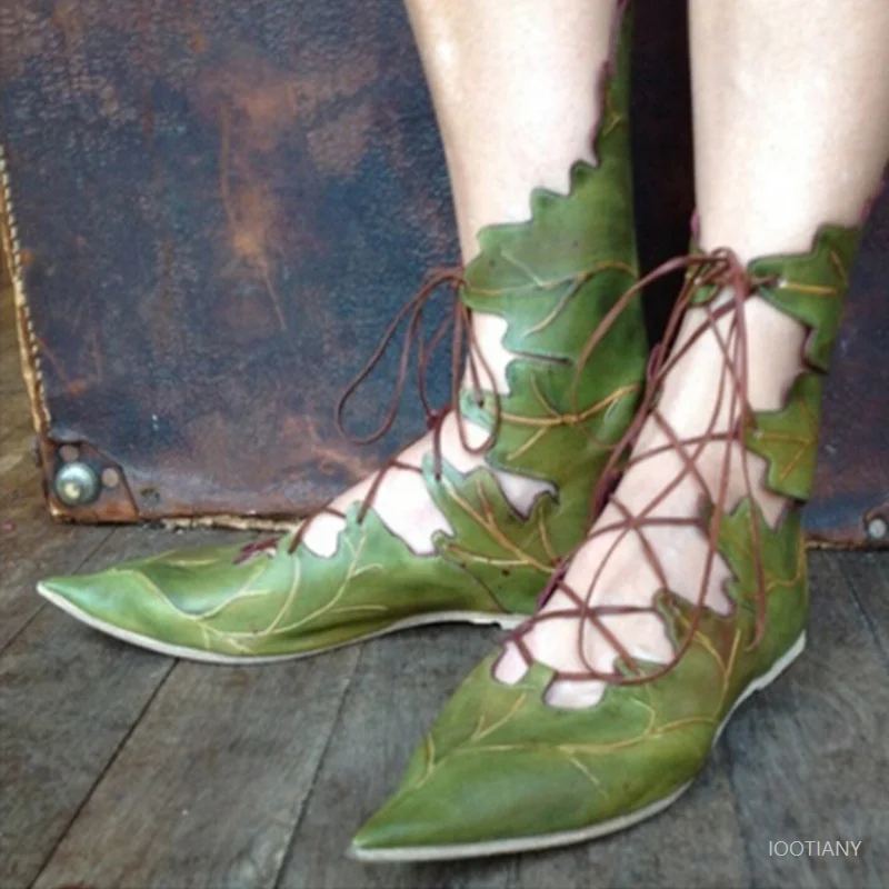 Medieval Gothic Retro Elf Witch Leaf Lace-up Shoes Adult Cosplay Costume Carnival Party Knight Boots Lotus Leaf Maple Leaf Shoes