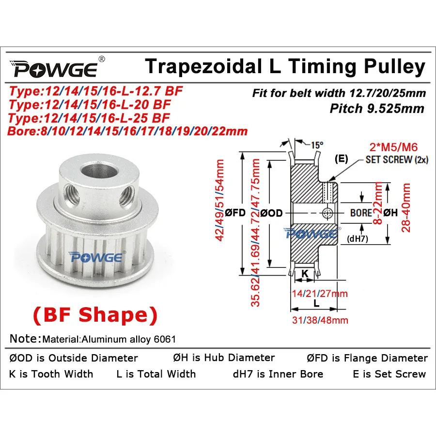 POWGE 12 14 15 16 teeth L Timing Pulley Bore 8/10/12/14/15/16/17/18/19/20/22/24/25mm for Belt width 13/20/25mm 12T 14T 15T 16T