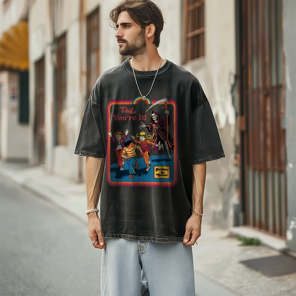 Vintage Contrasting Color T-Shirt Halloween Skull Children's Print Drop Shoulder Crew Neck Pullover New Casual Short Sleeves