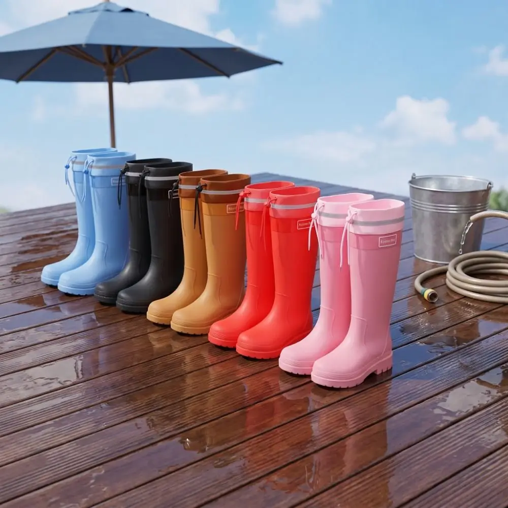 Modische Wasserdichte Wasserschuhe PVC Rutschfeste Damen-Regenstiefel mit Mittelhohem Absatz und Kordelzug Regenwald-Regenschuhe – Detail 9