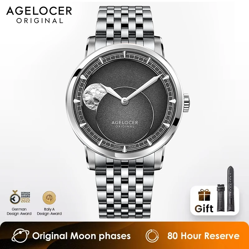 AGELOCER Original Astronomer 29.51 Day Moon Phase Steel Bracelet Men's Automatic Mechanical Watch Birthday Gift for Men