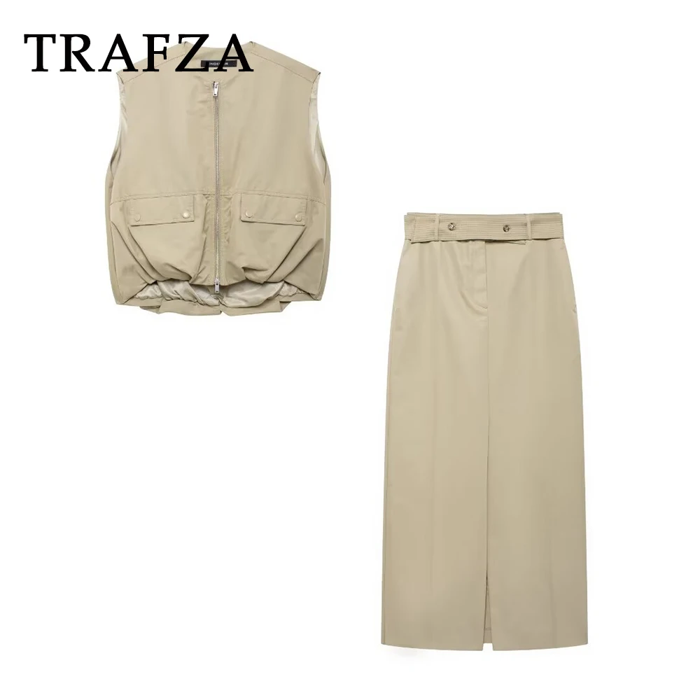 TRAFZA 2024 Autumn Women Casual Solid Suits Zipper Pleat Loose Vest+Zipper Sashes Long Skirt Vintage Women Fashion Sets