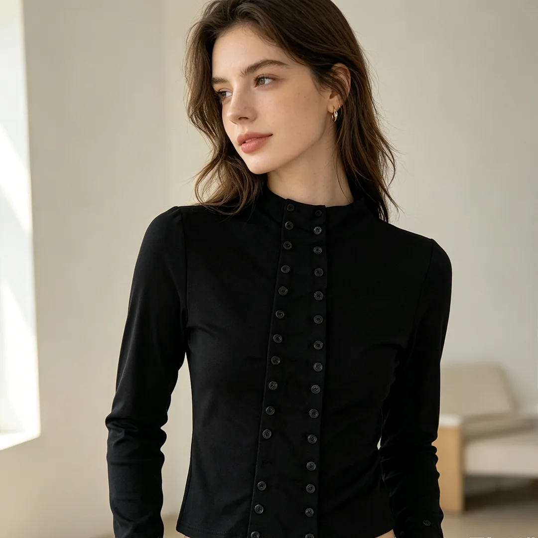 Women's Spring and Autumn Long sleeved Top with Stand up Collar, Double Row Buttons, Slim Fit Shirt, Gothic Retro, Casual