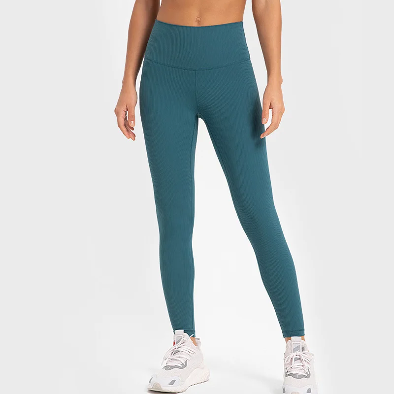 Women High Waist Ribbon 4-way Stretch Fabric Leggings With Pockets Gym Running Sporty Pants Outdoor Jogging