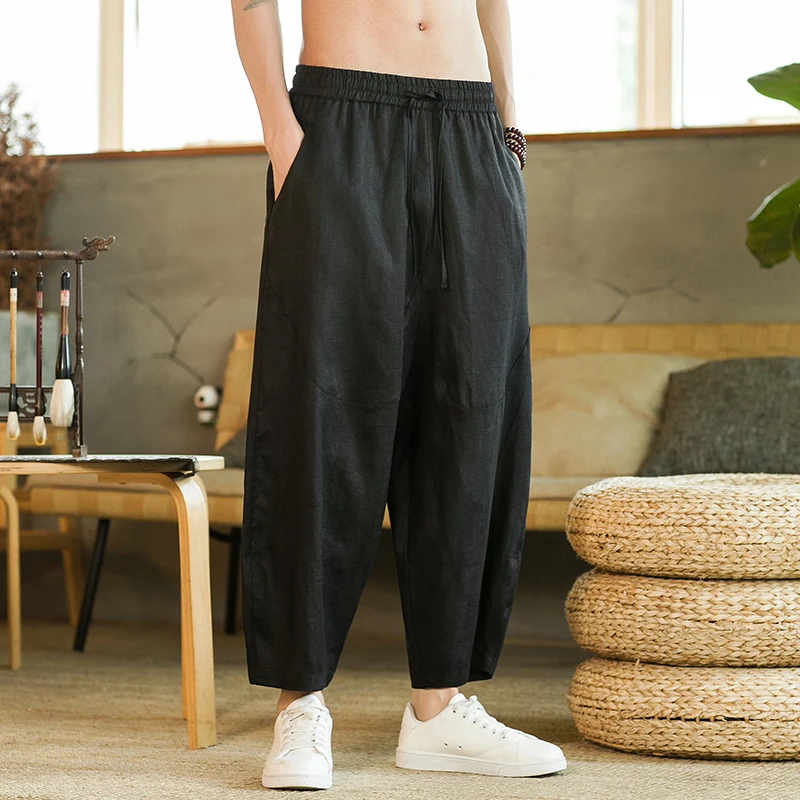 Quality 100% Linen Cropped Pants Loose Chinese Style Harlan Pants Flax Zen Clothes Meditation Bottoms Trousers Large Size Capri