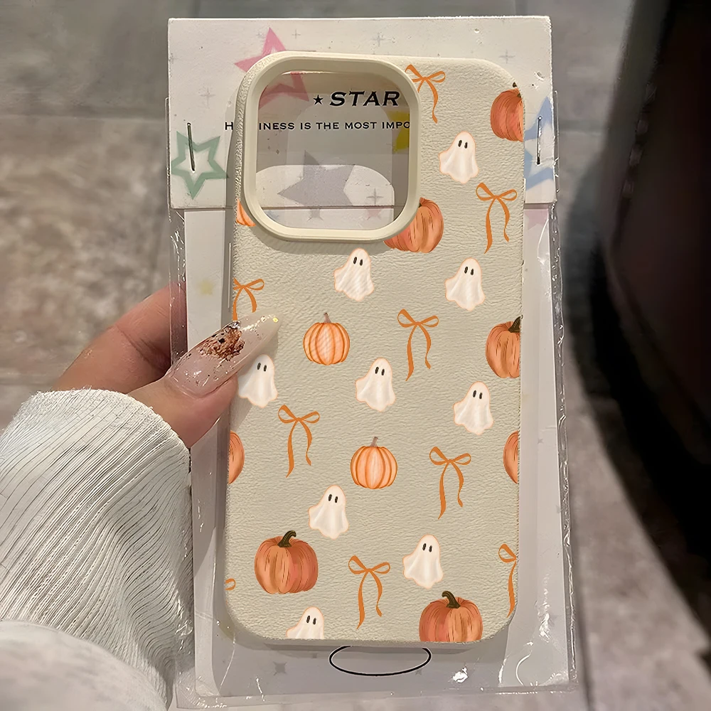 Coque de téléphone antichoc en litchi souple à motif fantôme d'Halloween mignon pour iPhone 17 16 15 14 13 12 11 Pro Max Air 14 Plus X Xs XR