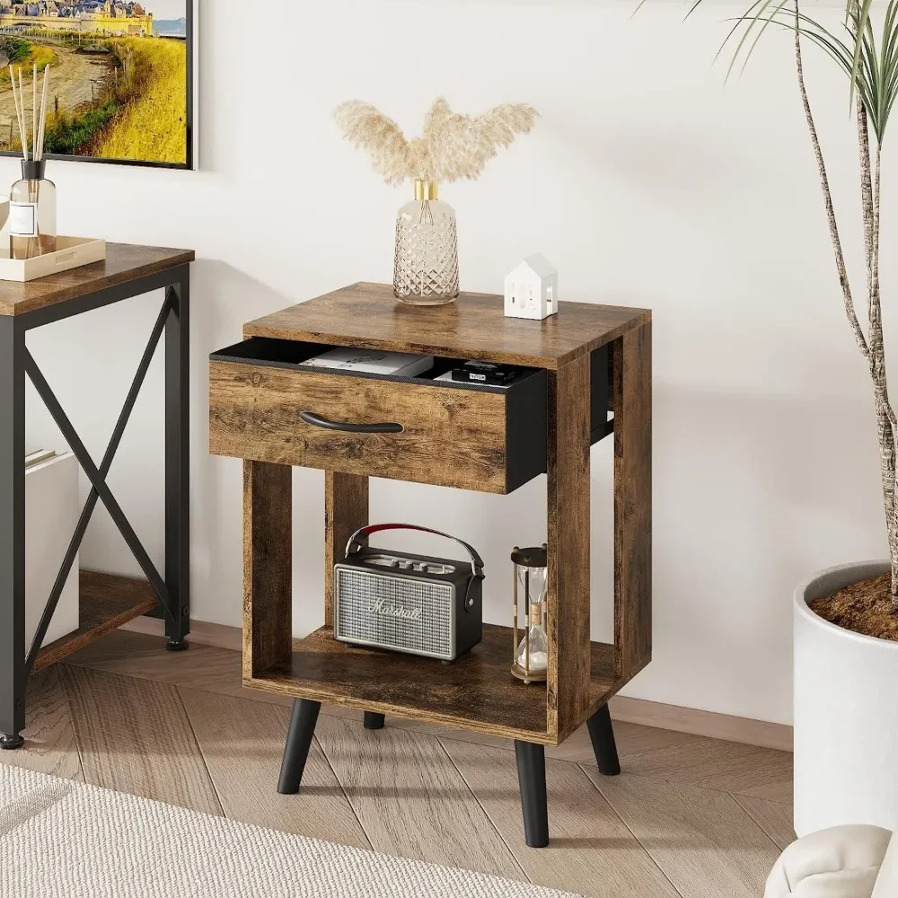 

Nightstand Set of 2 with Fabric Drawers and Open Shelves - Rustic Bedroom Side Tables ，Bedroom, Living Room