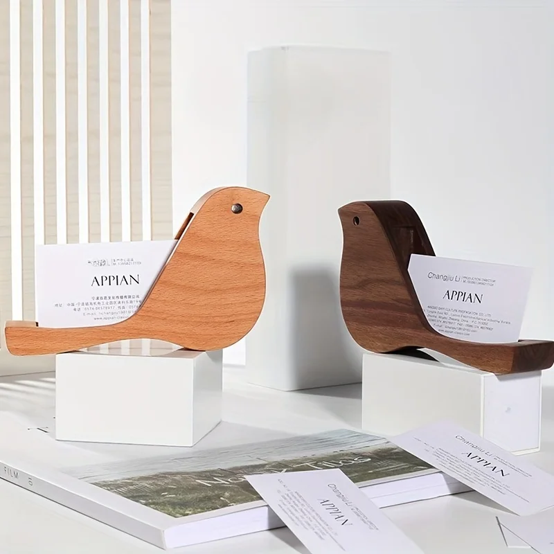 1pc Office Desktop Supplies Creative Bird Card Holder Wooden Bird Card Box Decoration Office Supplies