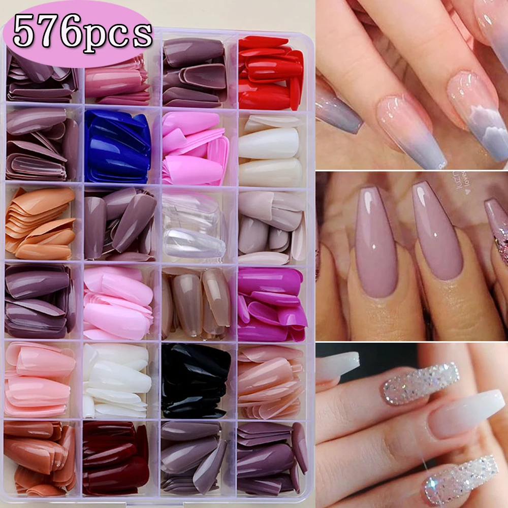 576Pcs(24X24) Long Ballet Short Square False Nails Colorful Matte Coffin Press On Nails T-Shape Wearable Acrylic Fake Nail Tips