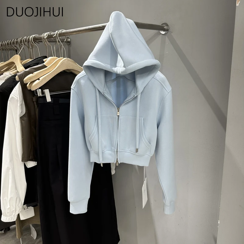 Duojihui เสื้อฮู้ดผู้หญิงมีสายรูดแฟชั่นมีฮู้ดสีฟ้าคลาสสิกมีซิปเก๋ไก๋ลำลองทรงหลวมสำหรับฤดูใบไม้ผลิ