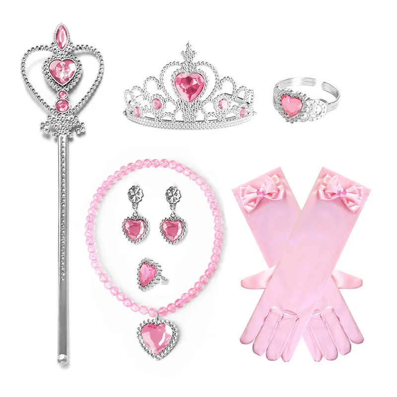 Kids Girl Halloween Accessories Set Crown Magic Wand Necklace Bracelet Ring Earrings Gloves Kids Birthday Dress‑up D1114