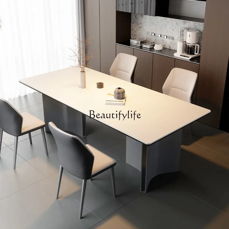 Rock slab dining table High-end large apartment villa restaurant Matte rock slab dining table