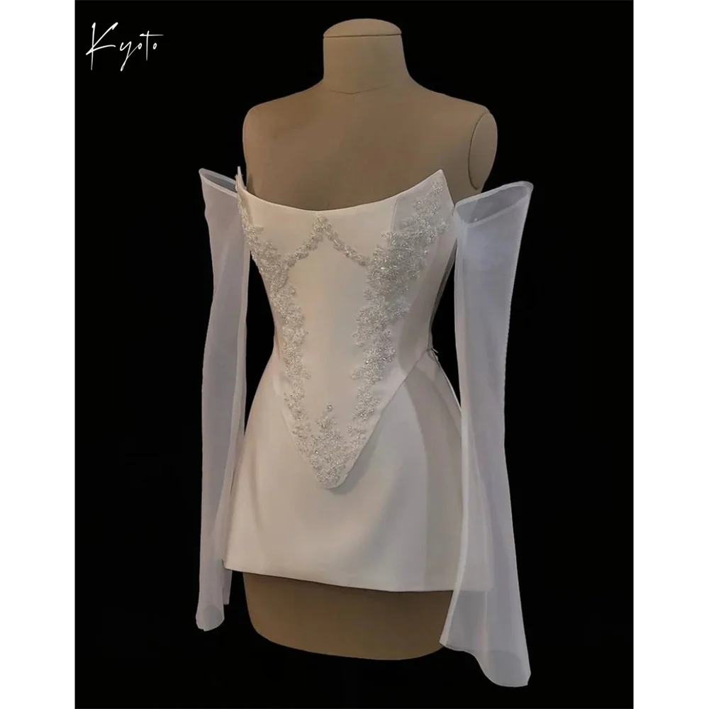 

Kyoto White Appliques Off Shoulder Wedding Dresses Detachable Sleeves Customized فساتين سهرات Knee-Length Evening Dress 2025