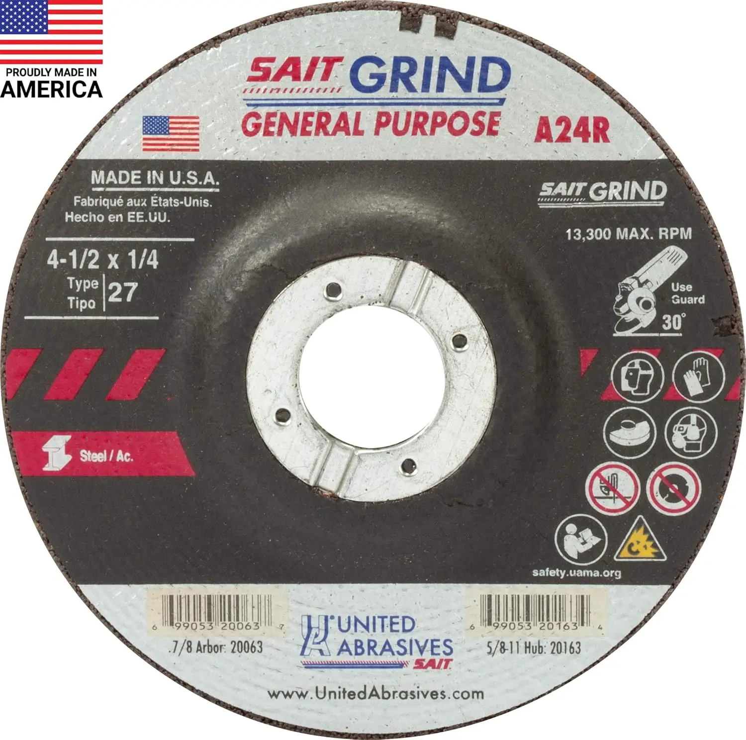 

4.5" Grinding Wheel Type 27 Depressed Center, A24R Grit, 25-Pack for General Purpose and Long Life Use
