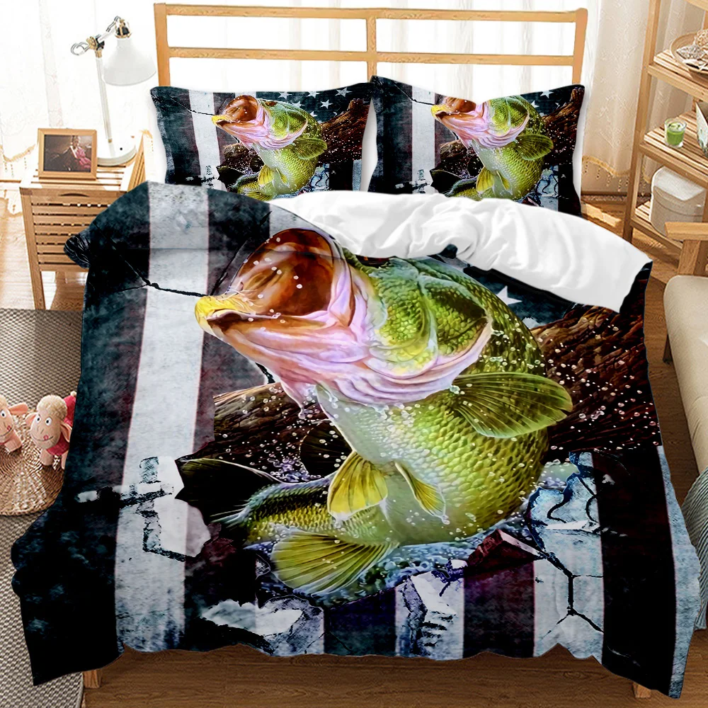 Big Pike Fishing Duvet Cover Set Hunting Bedding Fly Fishing Comforter Cover Queen King Full Polyester Quilt Cover Teens Adults