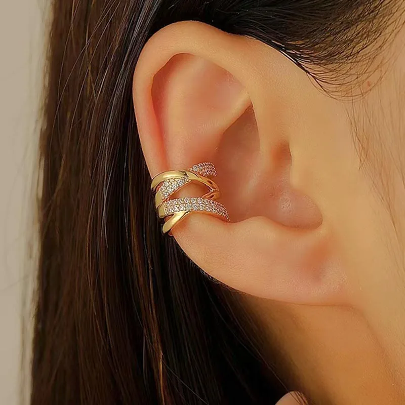 C-Shaped Crisscross Inlaid Zircon Clip Earrings for Women Fashion Geometric Fake Piercing Ear Cuffs Party Jewelry Accessories