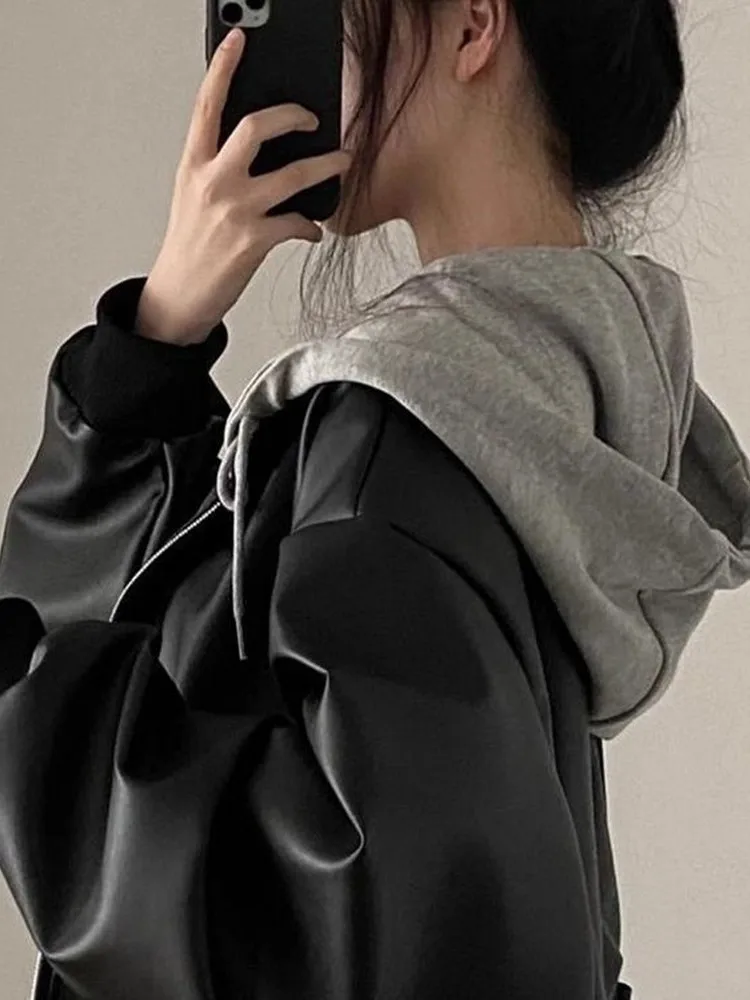 Retro chique casual duplo ket abotoado solto ajuste falso de duas peças com capuz jaqueta de couro para mulher corte reto longo sve