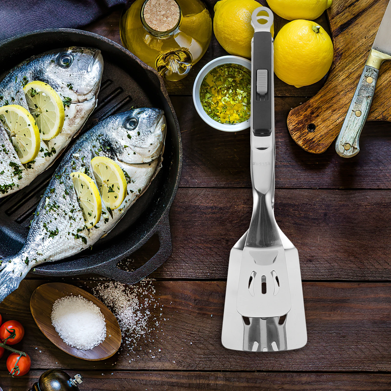 

Slide Steak Clip 304 Stainless Steel Red BBQ Burger Smasher Shovel Cooking Spatula Tong Kitchen Tool Nonstick Grilling Fish