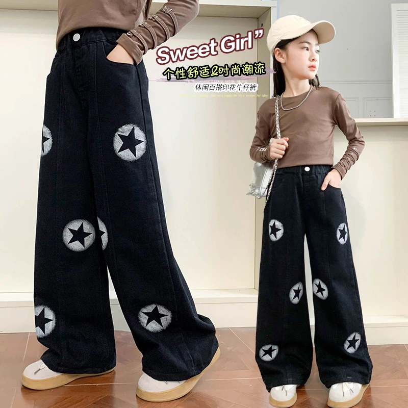 

2025 Autumn New Arrivals Printed Black Straight Leg Jeans Stylish Cool Casual Trousers