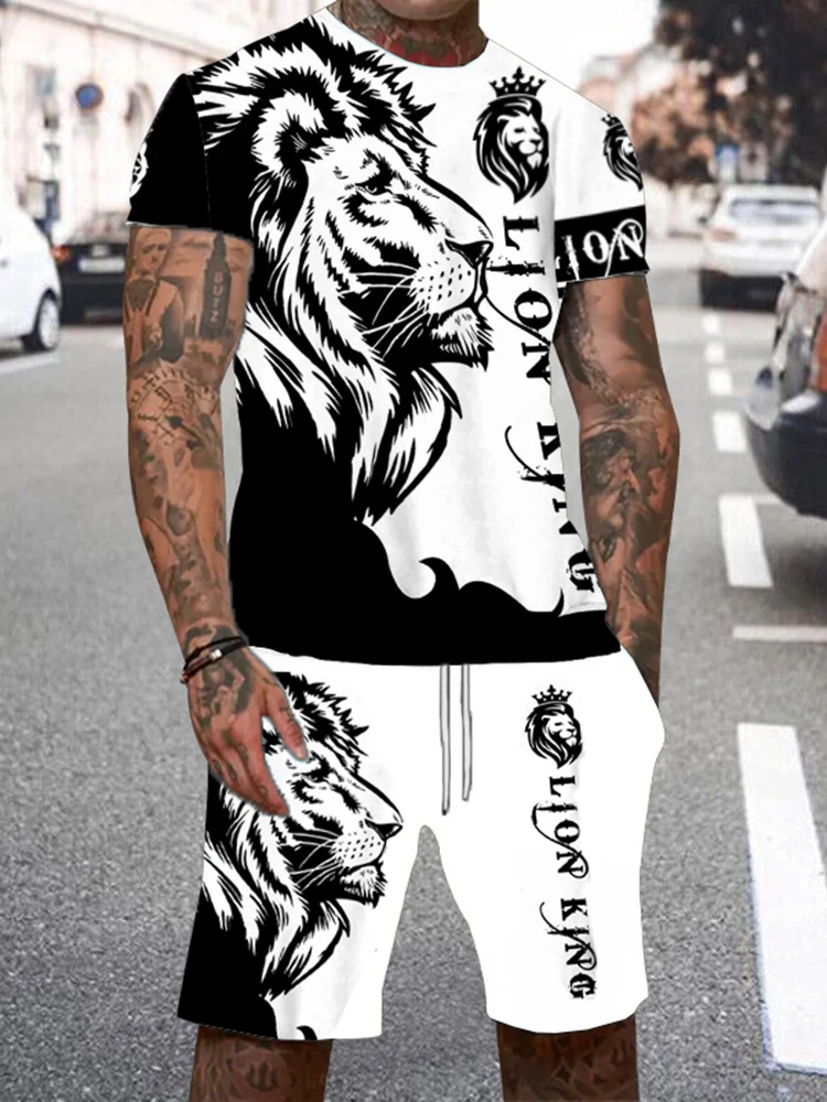 Casual Everyday Short Sleeve+ Shorts 2PCS Set Cool The Lion King 3DPrint T-Shirt +Drawstring Short Set Men\'s Set Camping