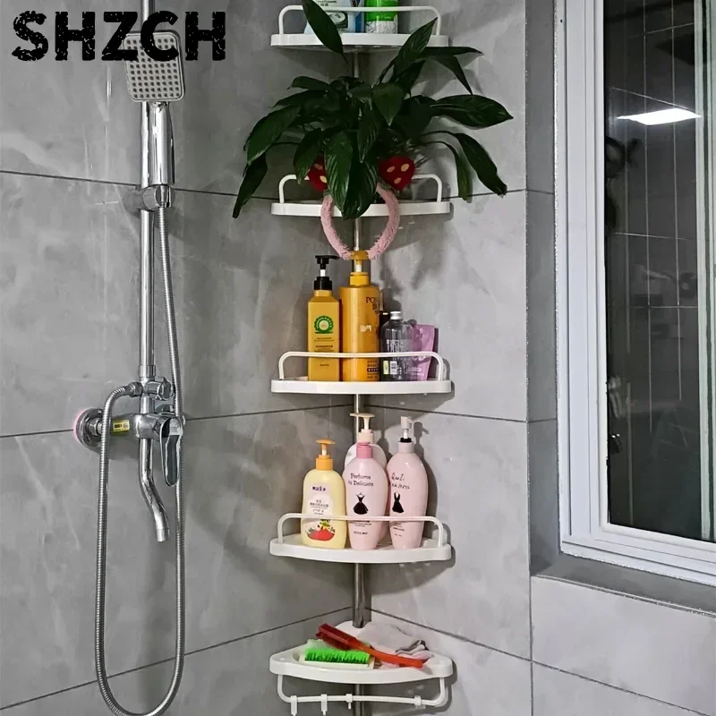 Shower Caddy Tension Pole Rust Proof Telescopic Rod Storage Rack Bathroom Corner Organizer 4 Tier