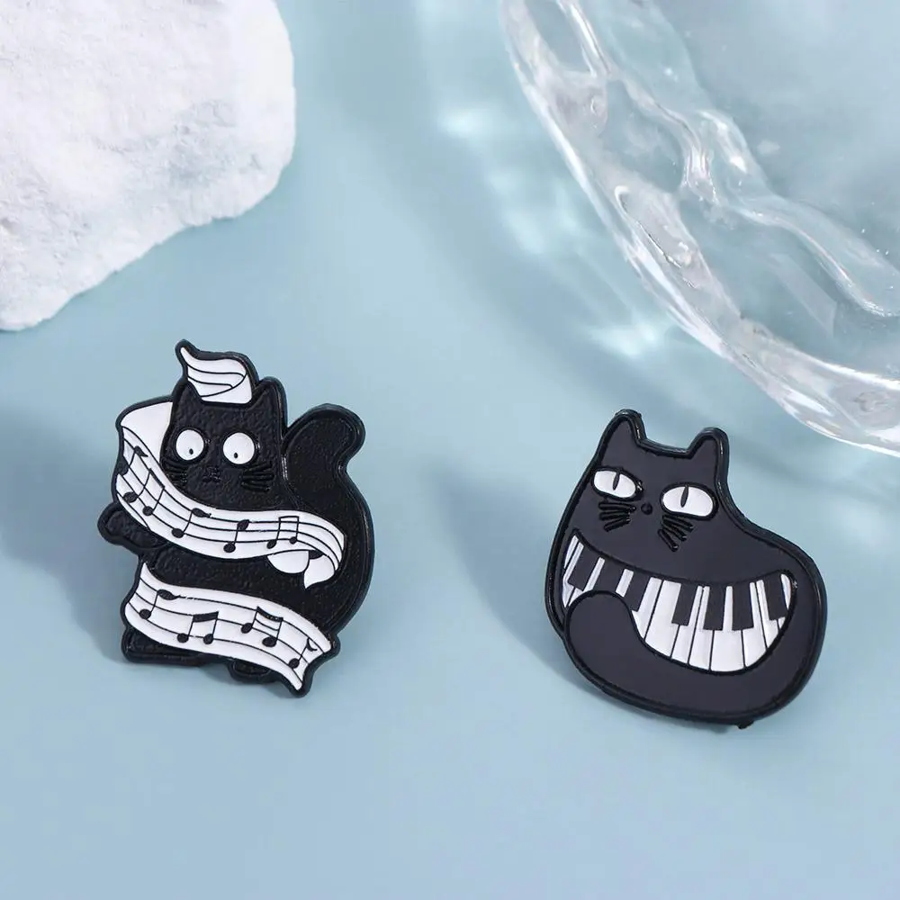 Cartoon Black Cat Enamel Pin Purring Kitten Breastpin Piano Cat Badge Music Score Music Instrument Beating Note Brooch Skirts