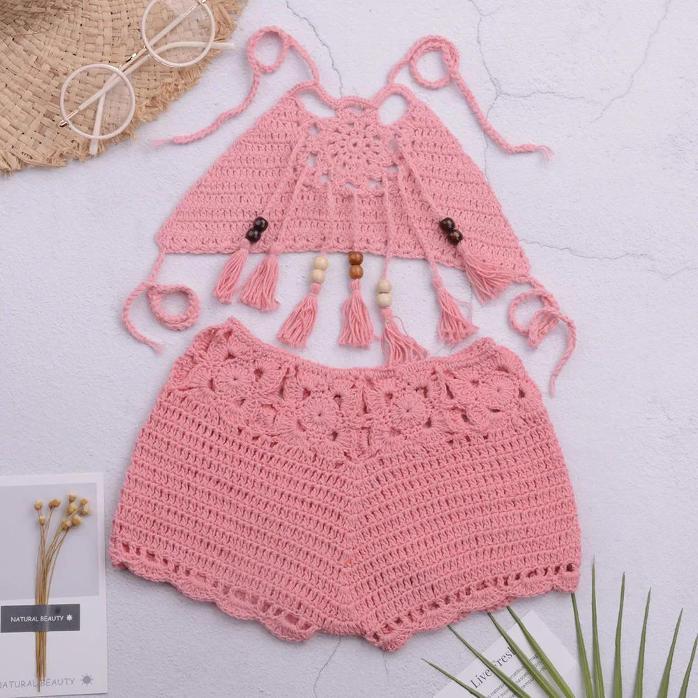 Handmade shorts bikini with floral patterns and dangling beads and openwork design parent-child swimming suit