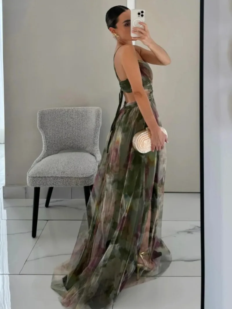 Sexy Hollow Out Party Dress, Women Summer Loungewear Fashion Printing Maxi Dress, Sleeveless Lace-Up Ladies Dress Vestido T64F