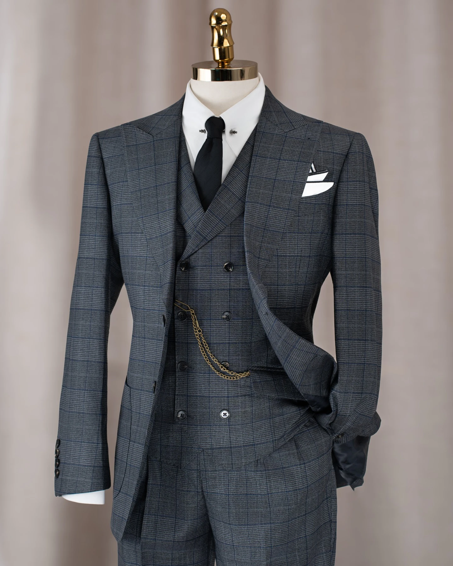 Vintage Men Jacket Pants Suit Line Plaid Peaked Lapel Two Button Business Wear 2 Piece Customized Slim Fit Formal Set