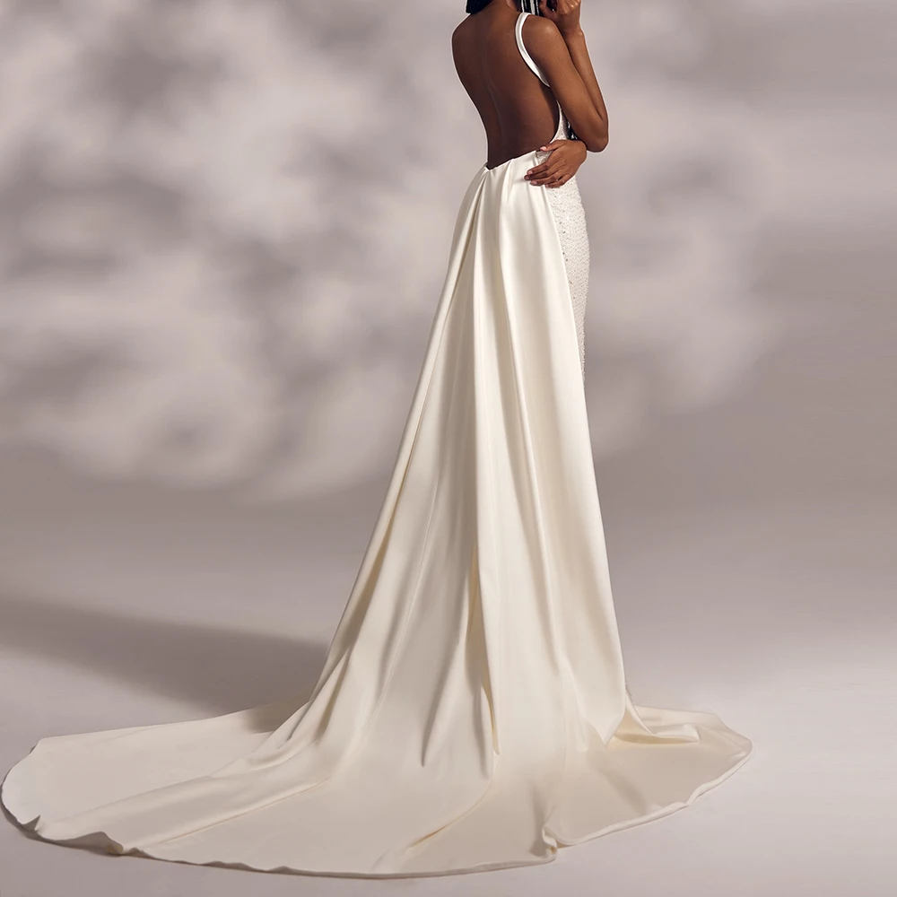 Vestido de noche de Jersey blanco elegante personalizado exquisito lentejuelas acanaladas sin tirantes tirantes espagueti sin espalda corte Trai