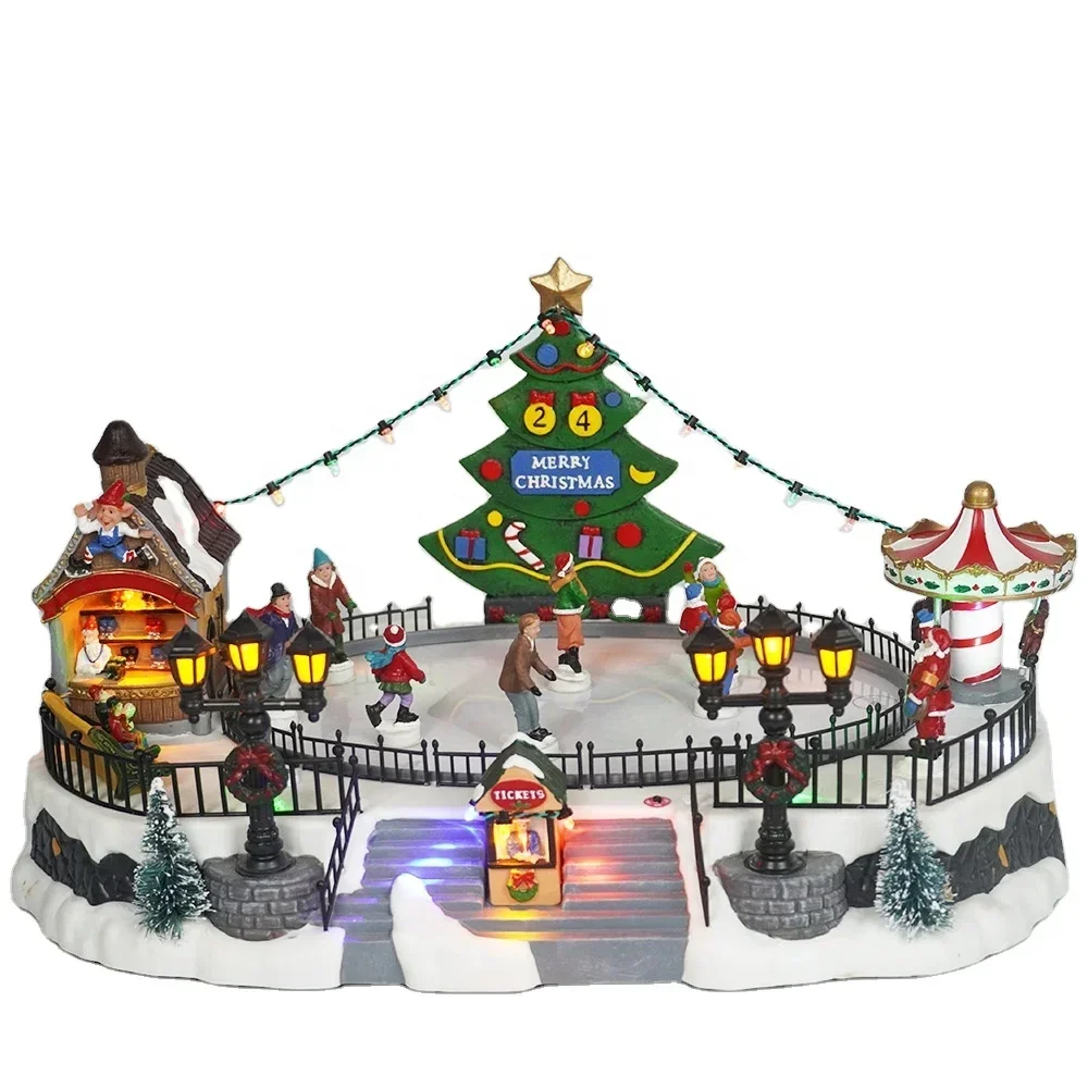 Wholesale Plastic LED Musical Skating Rink Christmas Village Houses Supplies 2024 Christmas Decoration