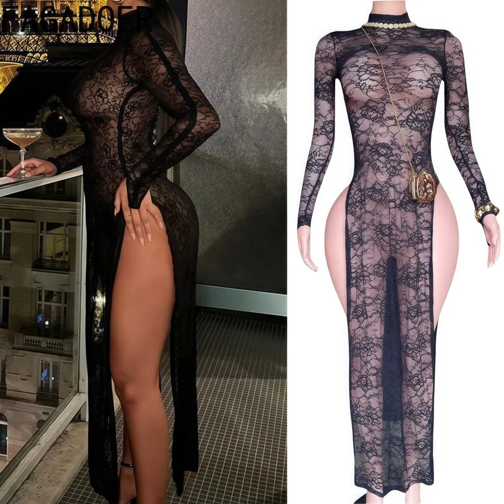 

FAGADOER Sexy Lace High Slit Bodycon Long Dress Women See Through High Neck Long Sleeve Dress Female Night Party Vestidos New