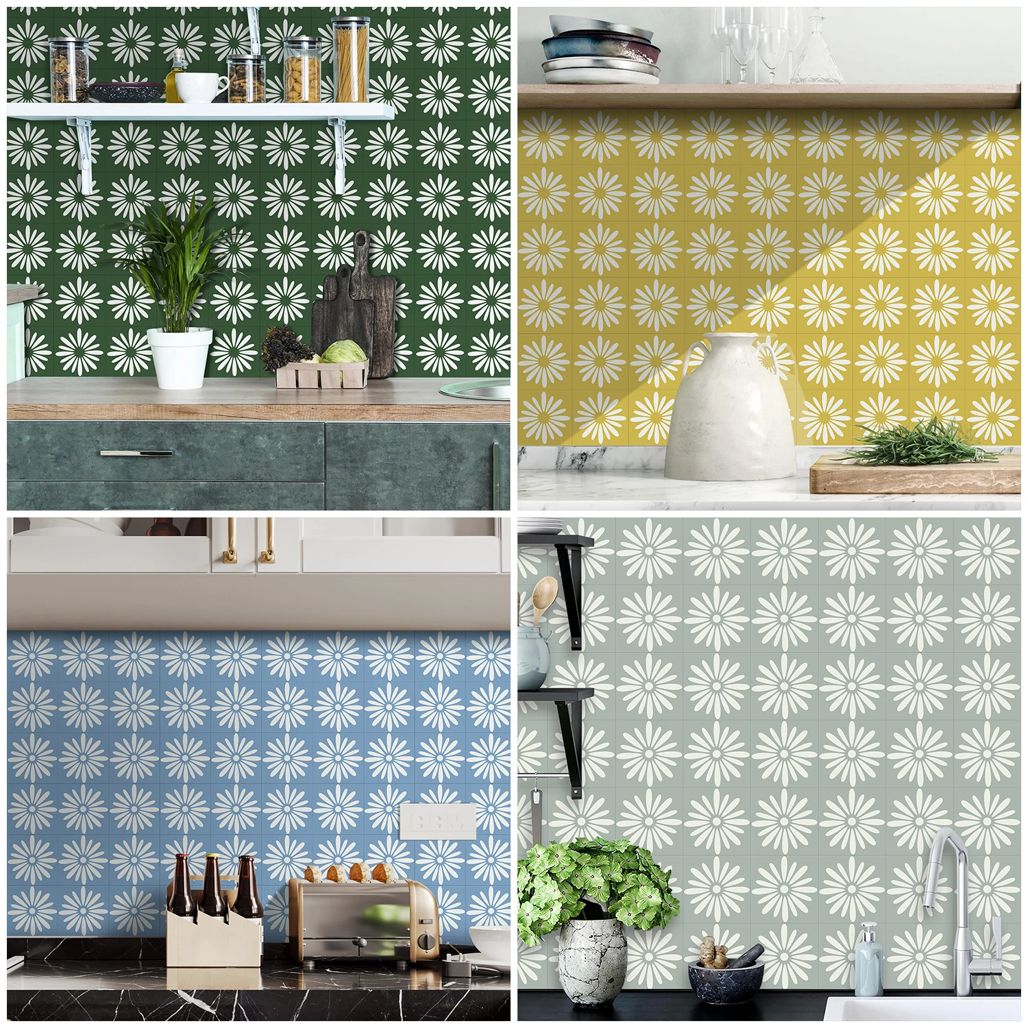 10 unids/set de pegatinas de azulejos de superficie mate de Margarita de estilo fresco, mesas de armario de cocina, calcomanías artísticas impermeables para pared