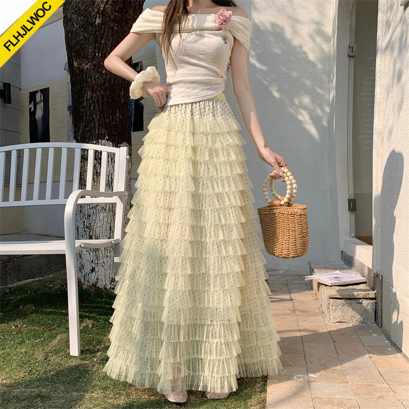 Cute Sheer Mesh Long Maxi Skirts Romantic Ruffles New 2026 Women A Line Tulle Lace High Waist Flared Maxi Sweet Bohemian Skirts