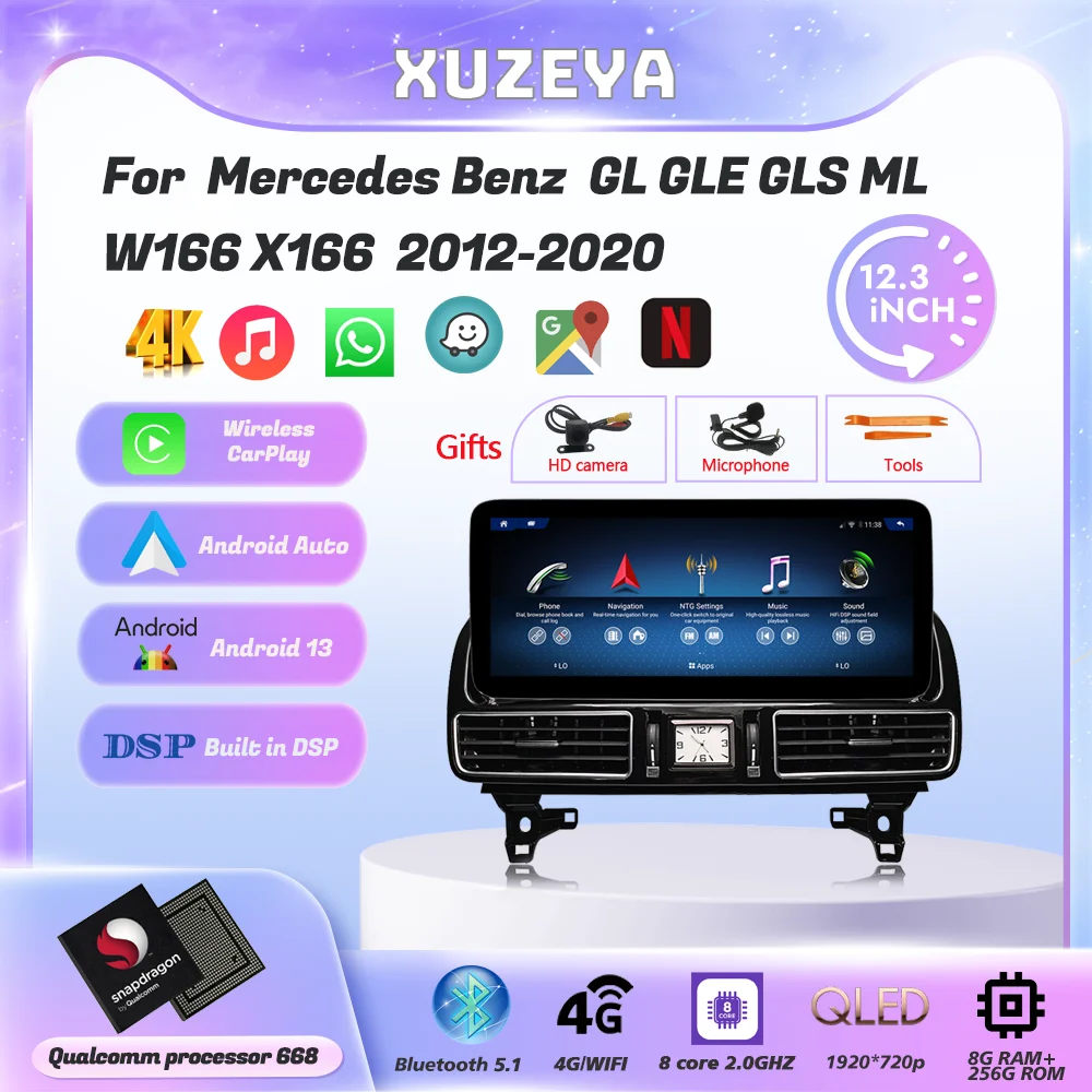 12.3inch Android13 For  Mercedes Benz ML GL GLE GLS W166 X166 2012-2020 GPS Carplay 5G  HD360Camere Navigation Multimedia Player