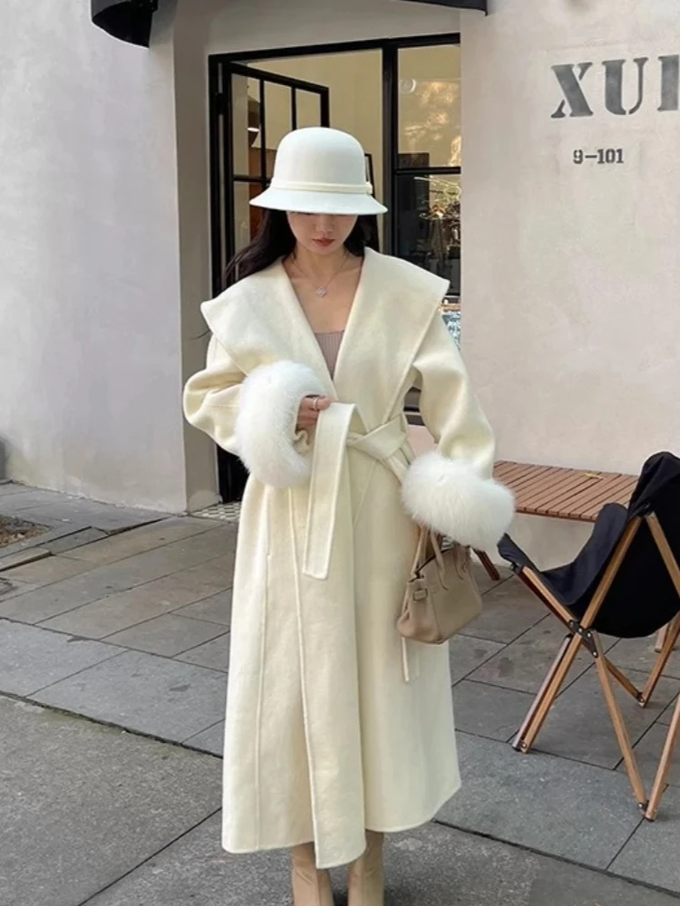 2025 Nuovo Grande Collare Reale Polsino di Pelliccia di Volpe Cappotto di Lana di Cachemire Elegante Giacca di Lana a doppia faccia Femminile Caldo Vestiti Invernali Delle Donne