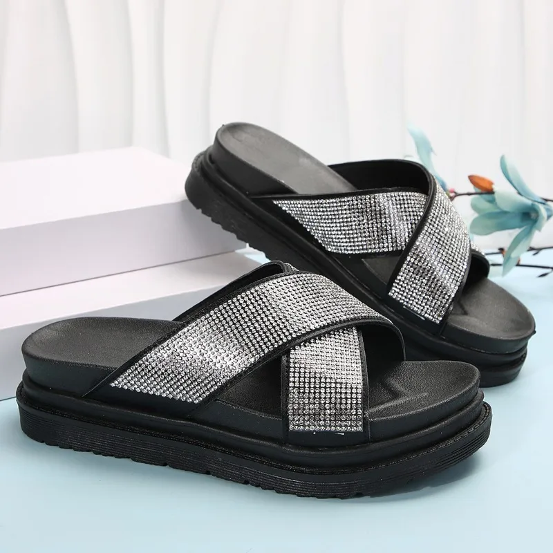 Zapatillas de plataforma planas de lujo para mujer, sandalias de Punta abierta para playa, chanclas para caminar, verano, 2024