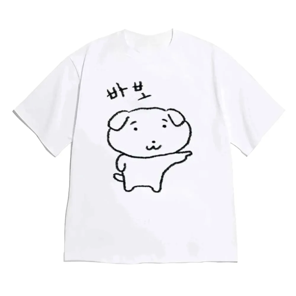 Simple Sketch Puppy Korean Hangul Letter Print Shirt Women Men Short Sleeve Kawaii Aesthetic Clothes