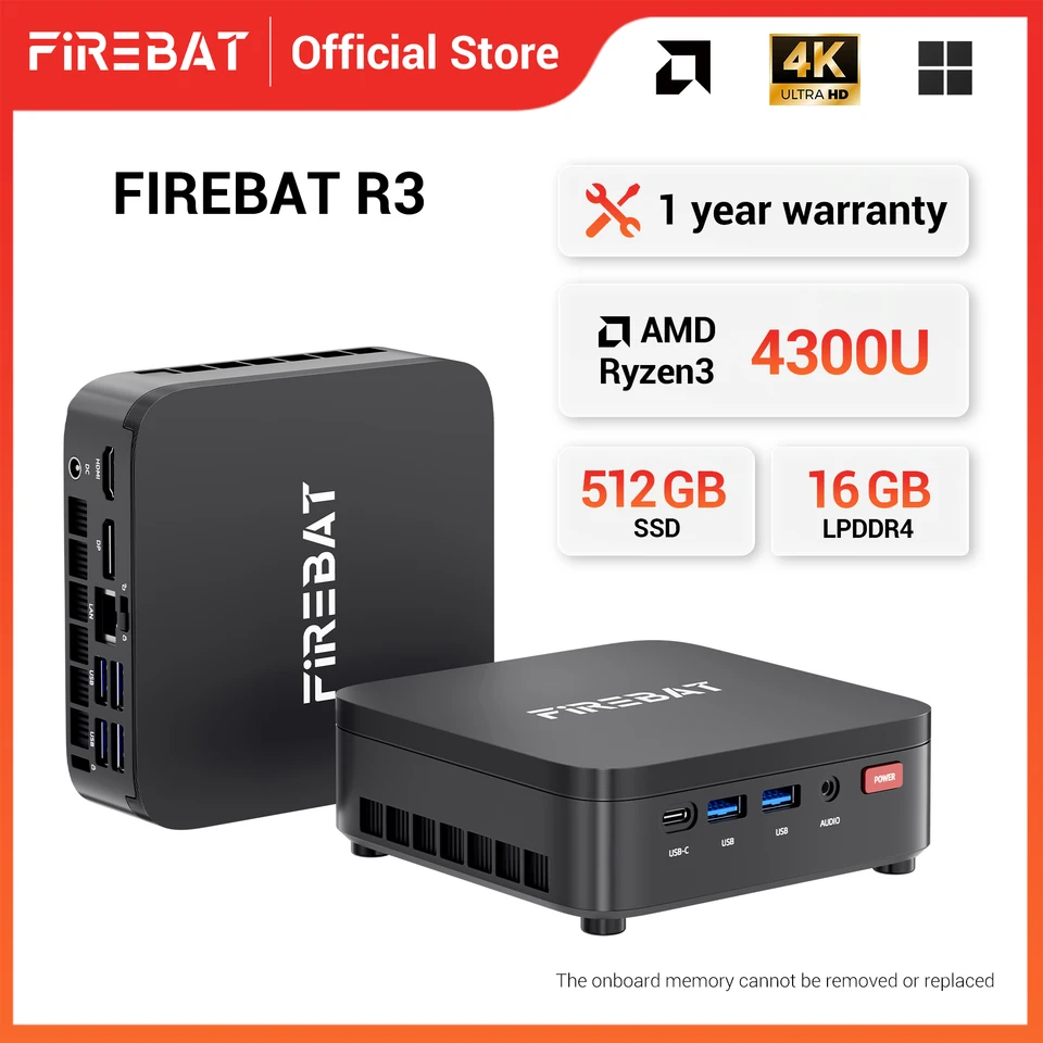 Firebat R3 Mini Pc Amd Ryzen 3 4300U Lpddr4 16Gb Ram M.2 Sata