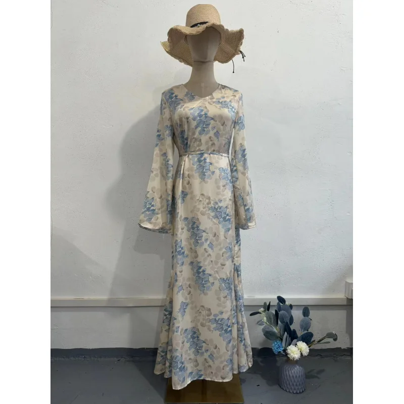 Spring Gentle Wind Satin Print Elegant High-End Long Dress