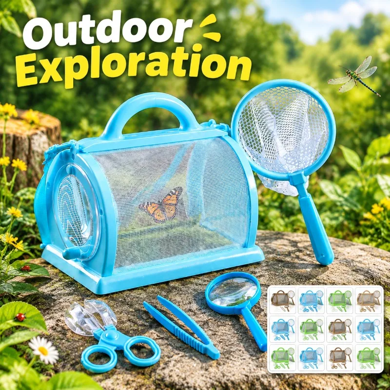 Kids Insect Viewer Box with Bug Catch Net, Portable Butterfly Dragonfly Catcher Kit, Outdoor Nature Exploration Science Educati
