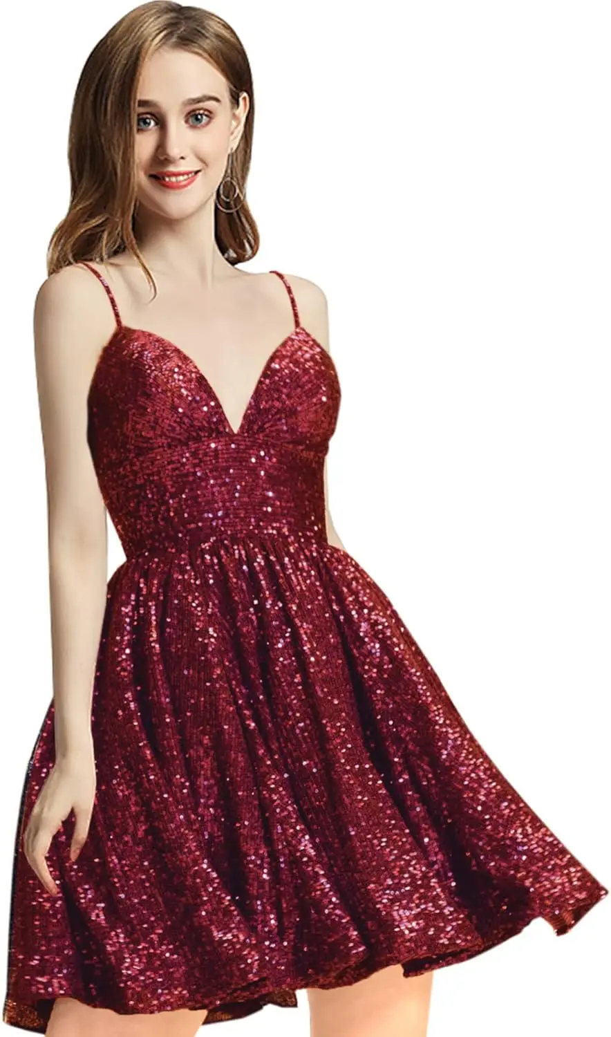 

Платье для выпускного вечера Короткое платье для выпускного вечера для юниоров Выпускное платье трапециевидной формы с v-образным вырезом на тонких бретельках Вечернее платье 2026 Бордовое