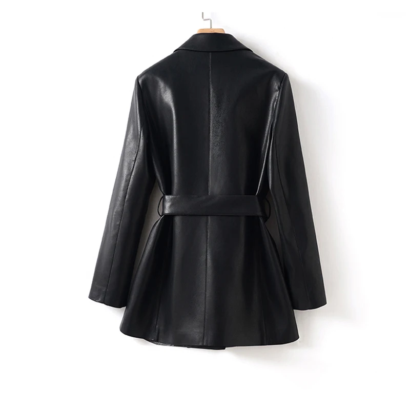 2025 New Women's Sheepskin Blazer Jackets Fashion Office Ladies Chic Single Button Lace-up Belt Casual Slim Split Leather Coats